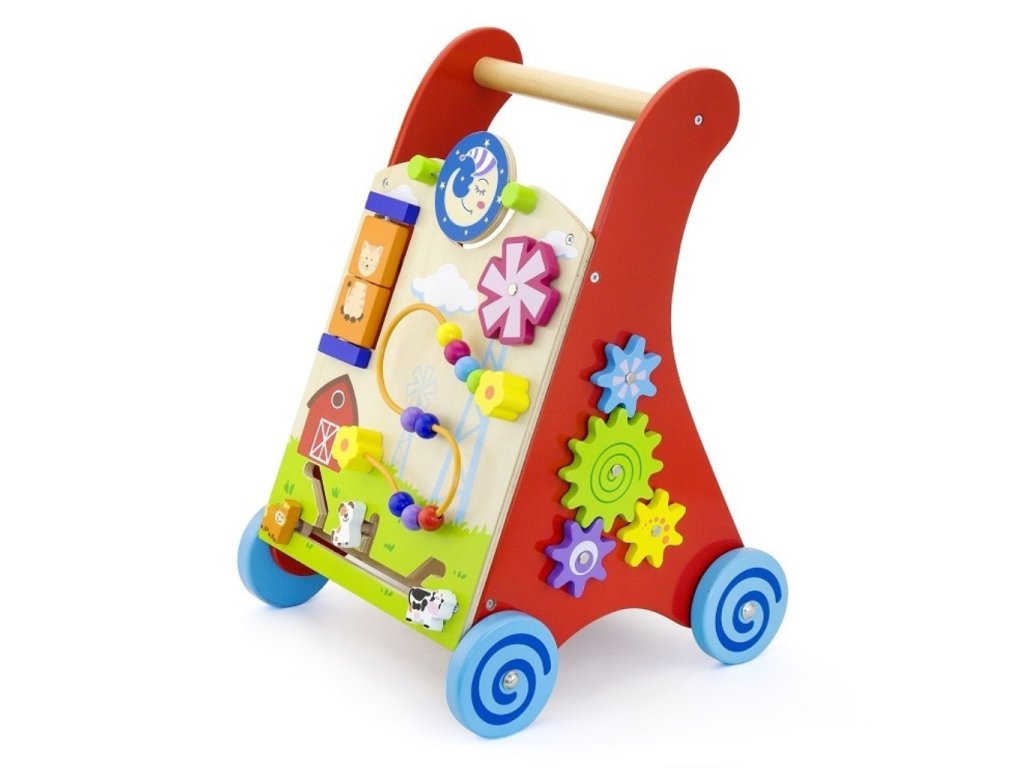 Detail aktivít na drevenom chodítku Viga