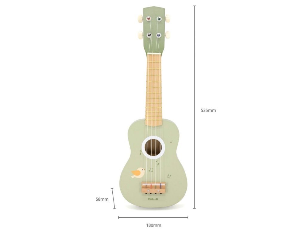 Detské drevené ukulele PolarB zelené - pohľad spredu s rozmermi