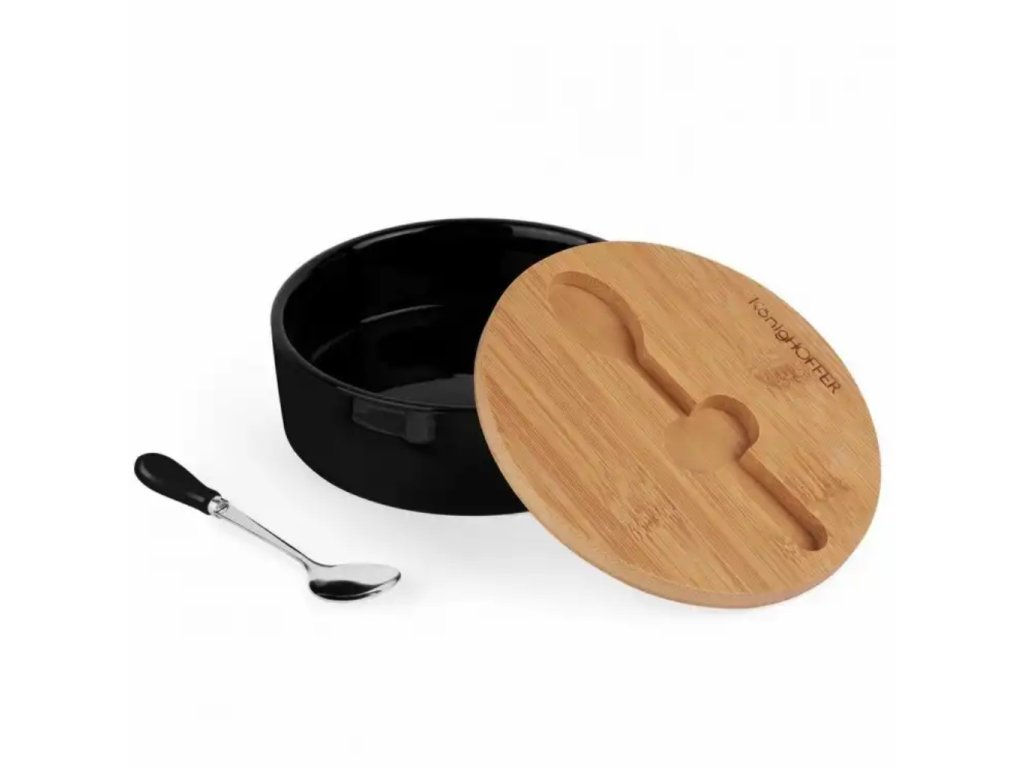 Porcelánová cukornička s bambusovým vrchnákom a lyžičkou - detailný pohľad