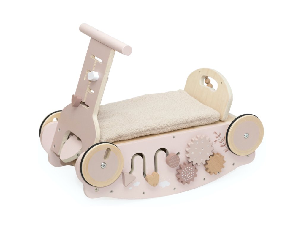 Label Label drevená hračka 3v1 - hojdačka, chodítko a vozítko ružová
