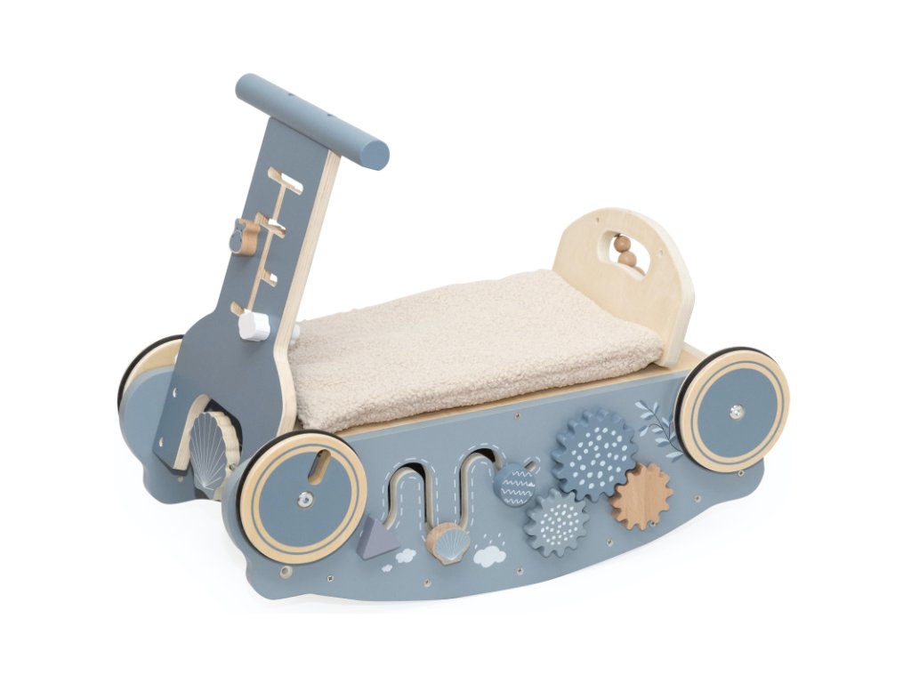Label Label drevená hračka 3v1 - hojdačka, chodítko a vozítko modrá