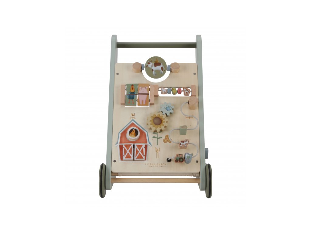 Detail aktivít na drevenom chodítku Little Dutch Farma