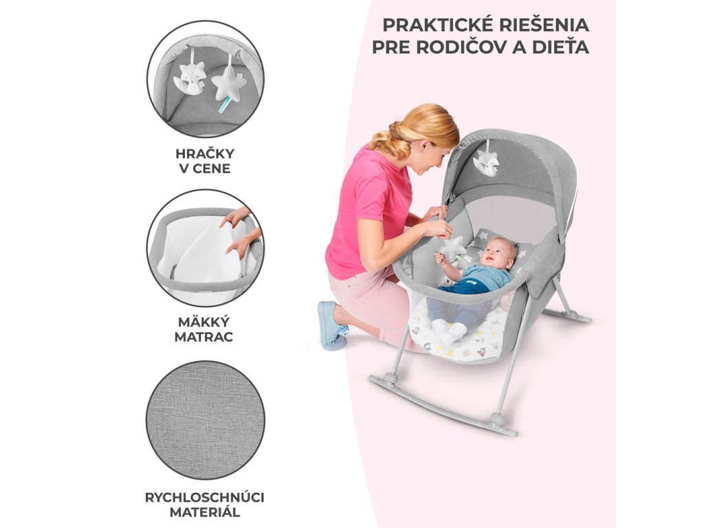 Prenosná postieľka Kinderkraft LOVI 3v1 Gray s hračkami