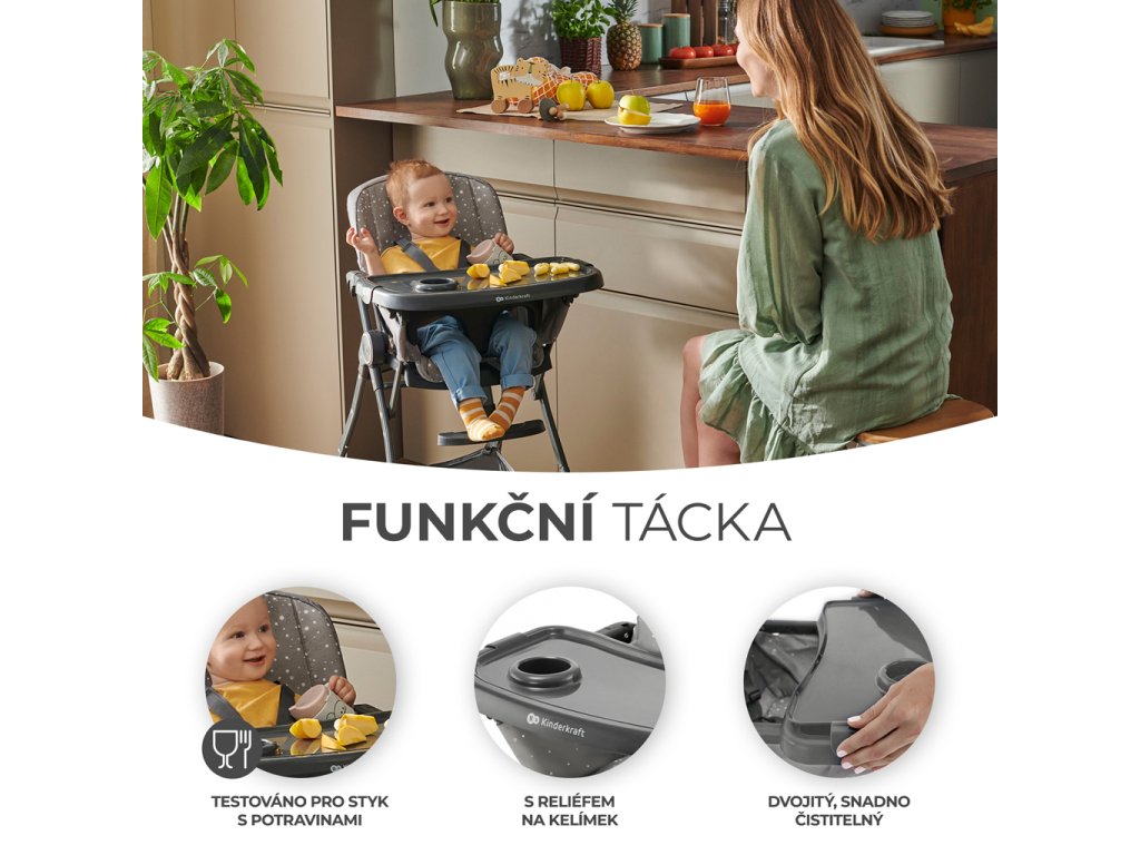 Detail nastaviteľného podnosu a 5-bodových pásov stoličky Foldee