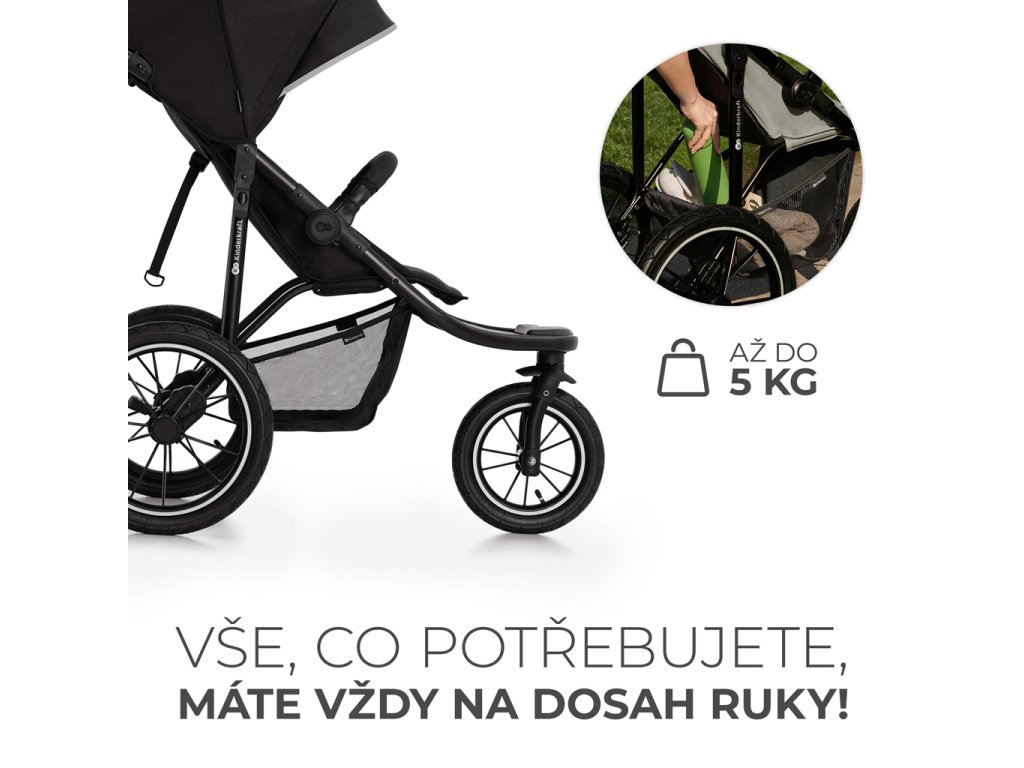 Detail odpruženia a nafukovacích kolies kočíka Kinderkraft Helsi 2