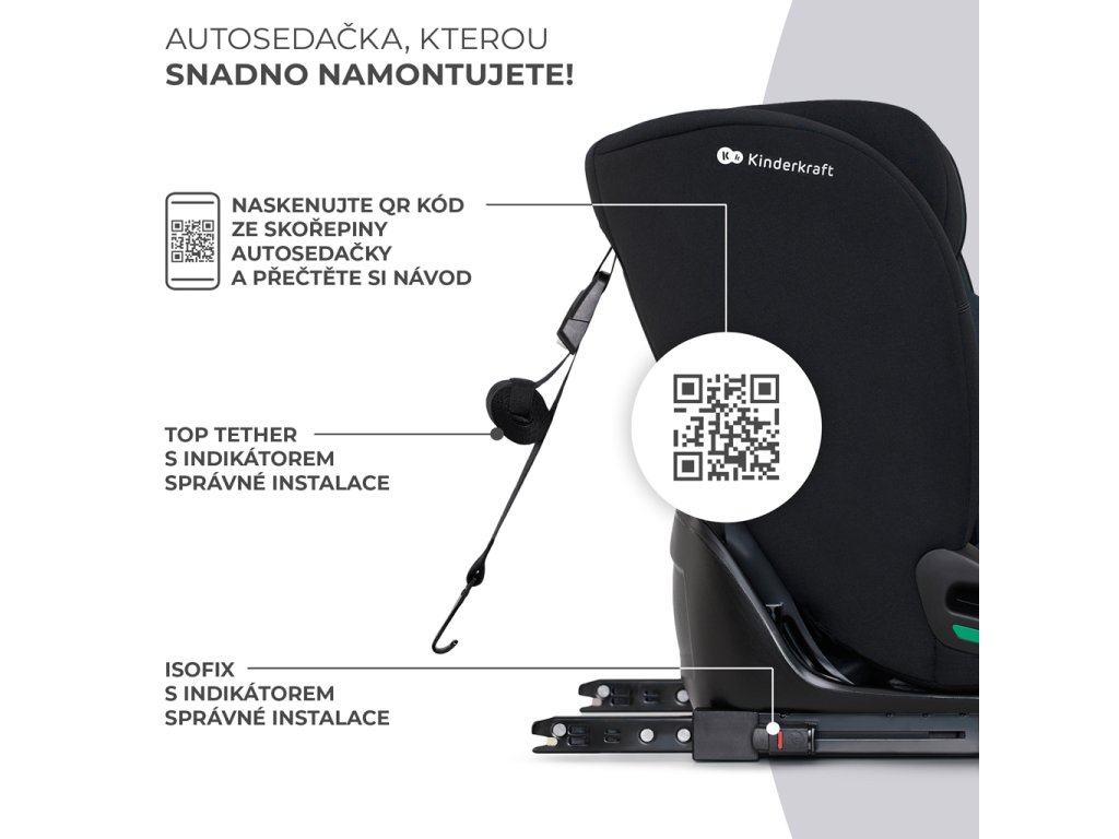 Bezpečná autosedačka Kinderkraft Oneto3 i-Size v čiernom prevedení s ISOFIX systémom
