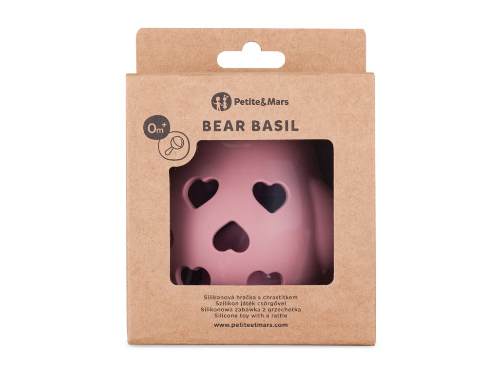 Silikónová hryzačka s hrkálkou Petite&Mars Bear Basil Dusty Rose