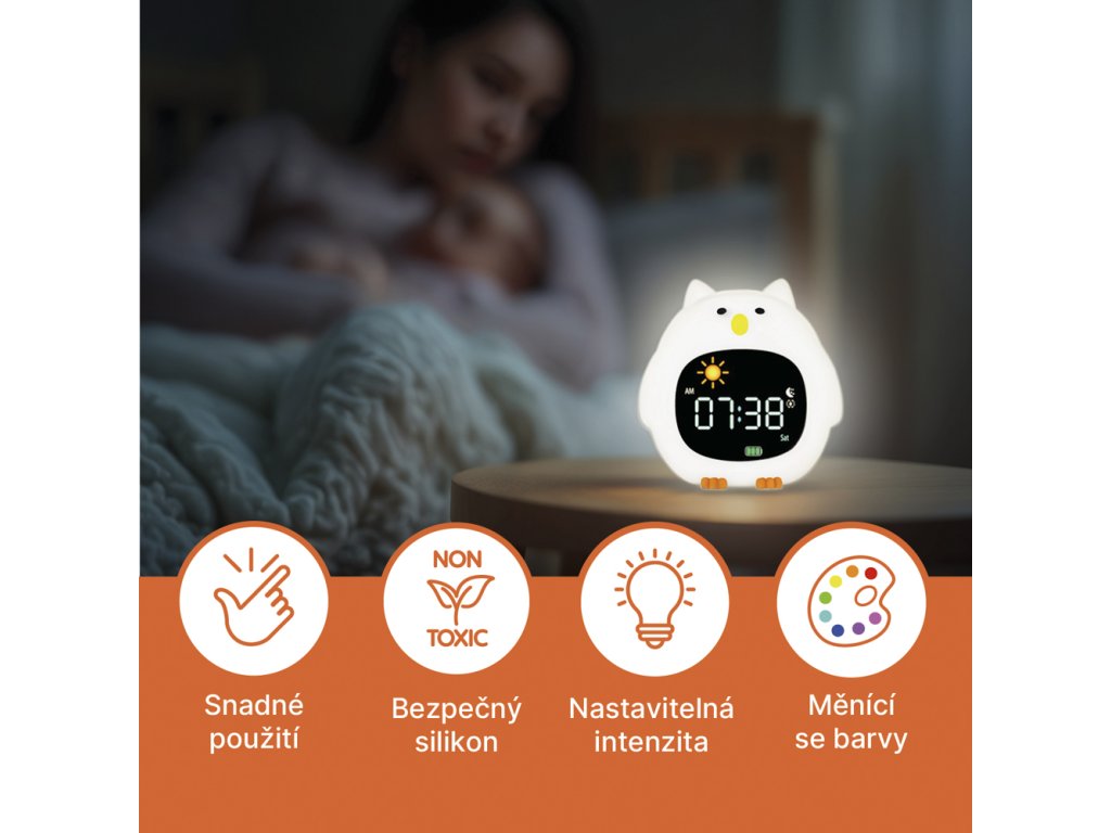 Zopa silikónový budík s nočným svetlom a hudbou Sova vlastnosti