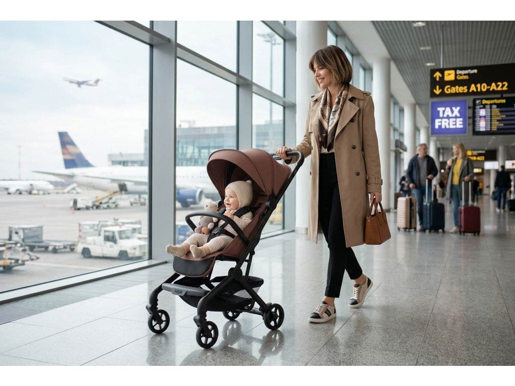 Ultraľahký športový kočík Zopa Jet v tmavosivom prevedení s čiernym podvozkom, v balení s detským kufríkom Pack and Ride na kolieskach s výsuvným popruhom a opierkami na nohy